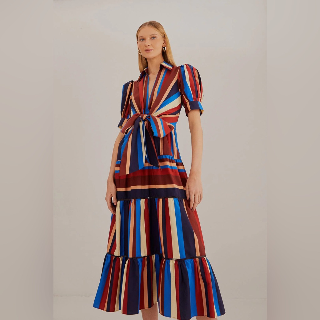 Farm Rio Multicolor Winter Stripes Short Sleeve Midi Dress